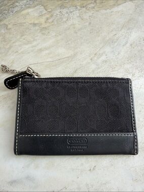 Coach Black Signature Zip Card Case with Leather Trim
